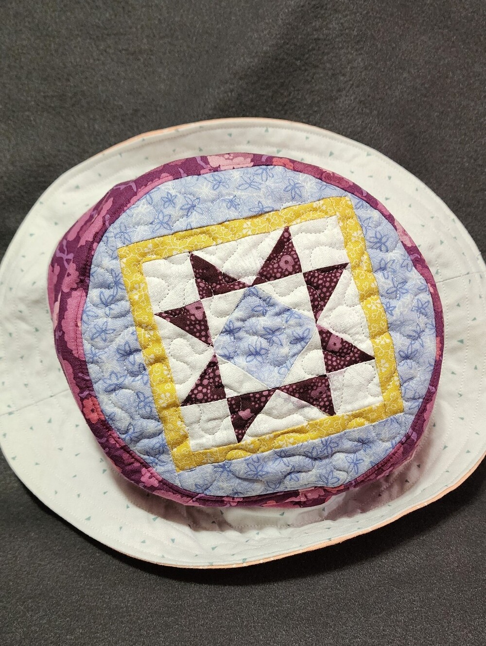 Handmade Quilted Decorative Bucket Hat- Purple, Yellow, Blue